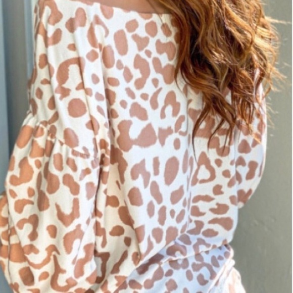 Woman’s Flattering  Animal Print Brown & White Long Sleeve V Neck Blouse - Picture 3 of 7